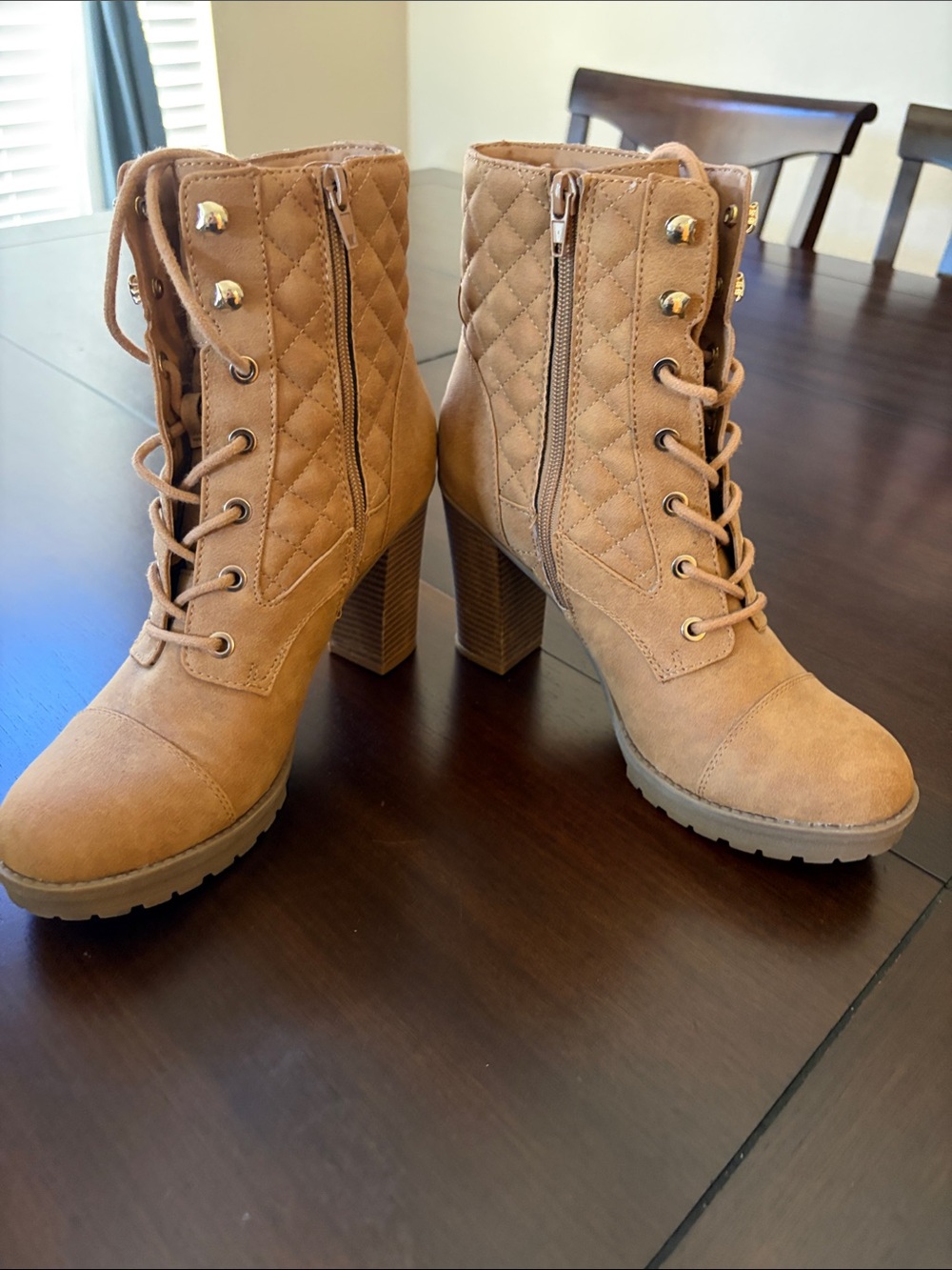 G by Guess Quilted Lace-Up Block Heel Ankle Boots - Brown